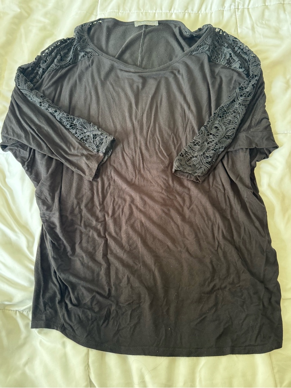 Loveappella Women's Black Lace Sleeve Scoop Neck Top sz XL